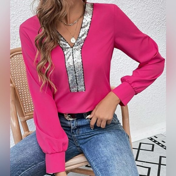 SHEIN Essnce Contrast Sequin V Neck Blouse in Hot Punk..Sz. M..never worn..NWOT. - Picture 5 of 7
